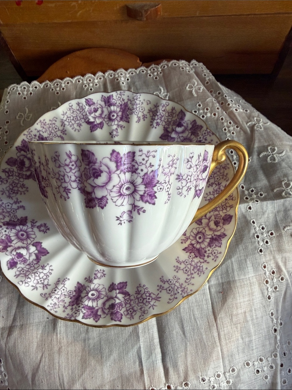 Porcelain Teacup and Saucer Set in Purple Floral with Gold Trim